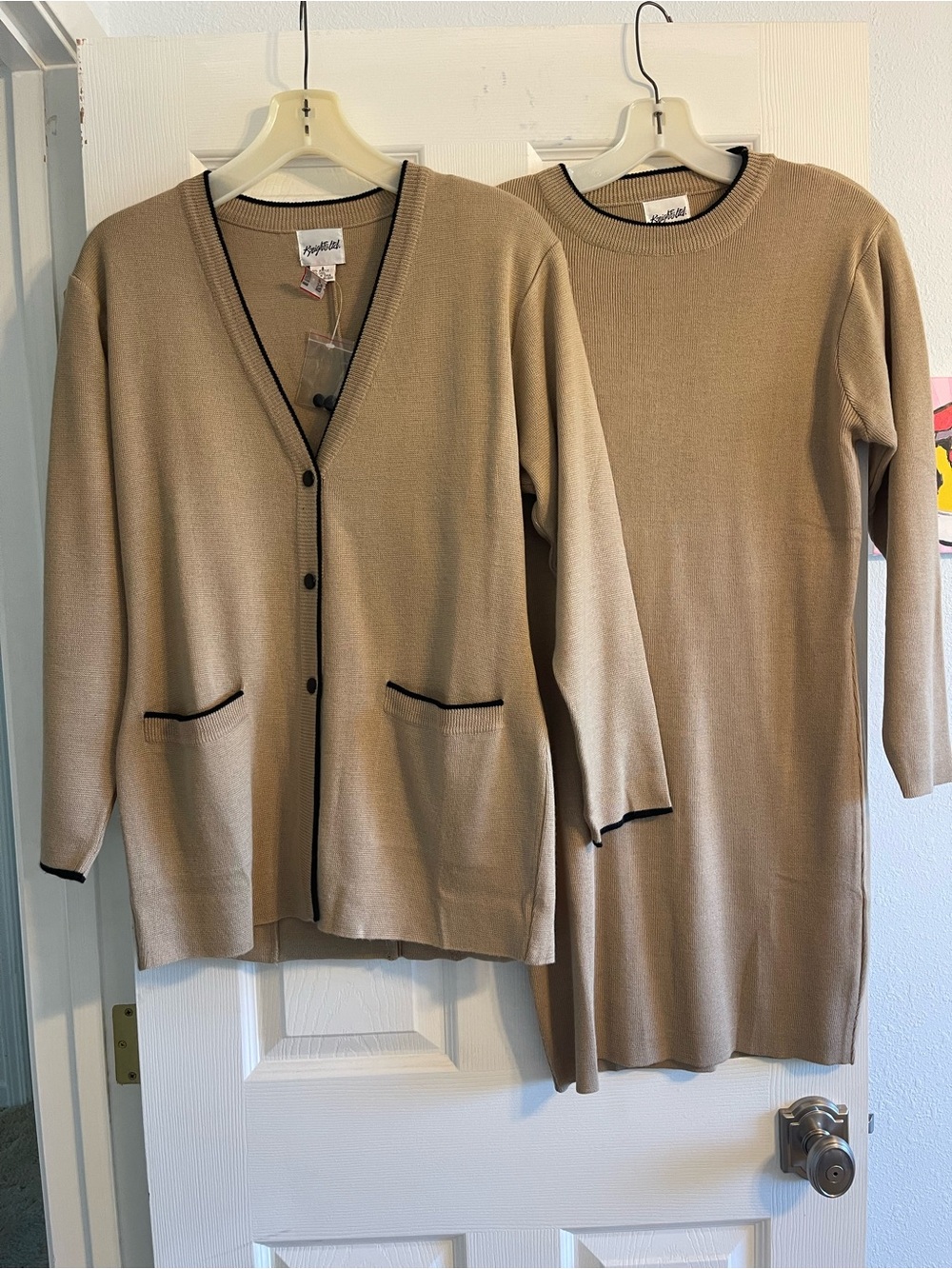 NWT Vintage Knights Ltd Knit Dress & Cardigan Set Tan Black Trim 2pc